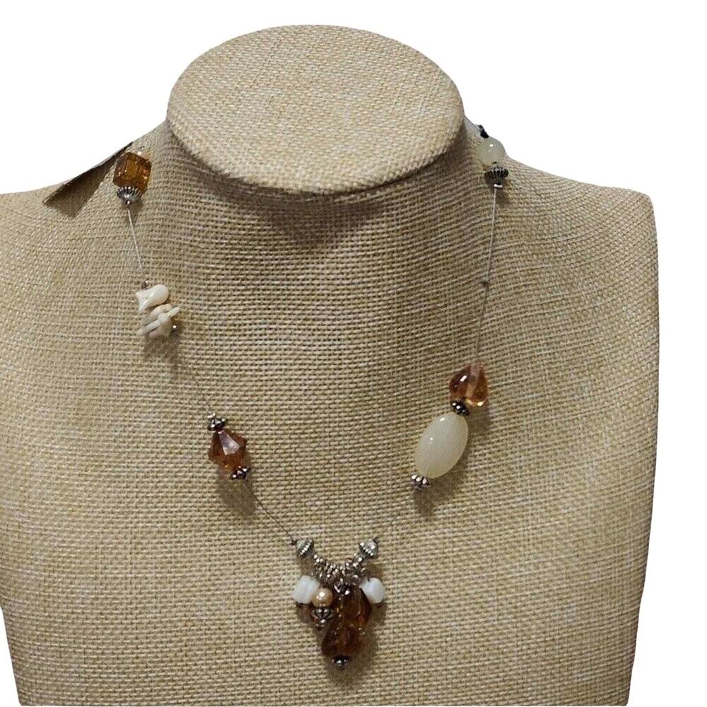 Treska Beaded Cluster Necklace Amber Cream White Floating Wire NWT Adjustable